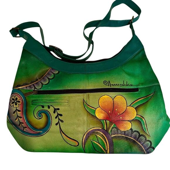 Anuschka Crossbody Shoulder Bag Handpainted Floral Genuine Leather Zip Green - Picture 1 of 9